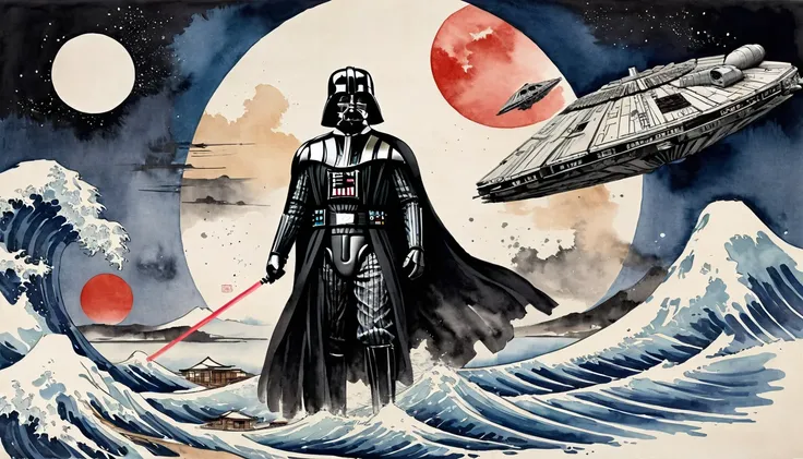 masterpiece,Darth Vaders upper body、Death Star、Millennium falcon、Japanese paintings drawn with ink and water,(Beautiful gradation created by layering),(Tarashikomi technique),(dynamic)、Ink Painting、Ukiyo-e、Chinese character、Faded、Movie Posters