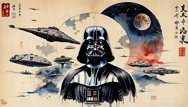 masterpiece,Darth Vaders upper body、Death Star、Millennium falcon、Japanese paintings drawn with ink and water,(Beautiful gradation created by layering),(Tarashikomi technique),(dynamic)、Ink Painting、Ukiyo-e、Chinese character、Faded、Movie Posters