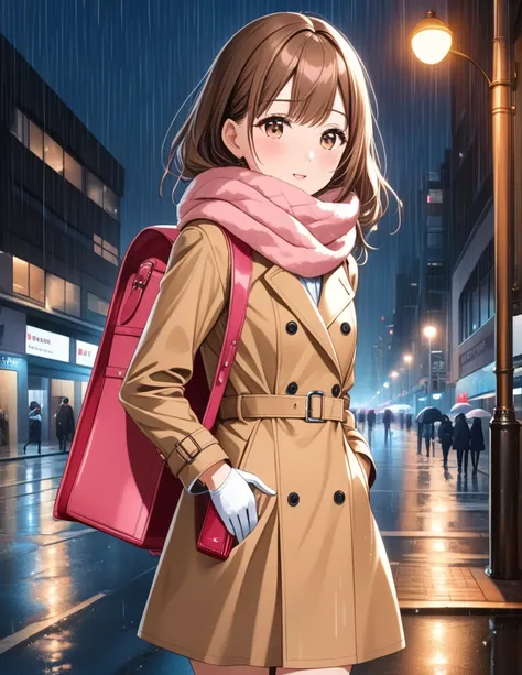 Masterpiece, hd, 1girl with long brown hair wearing a fully buttoned up closed and beige belted buckle knee-length trench coat with a tucked up large pink winter wool scarf and white gloves carrying her large pink purse blown by the hard wind at the hard r...