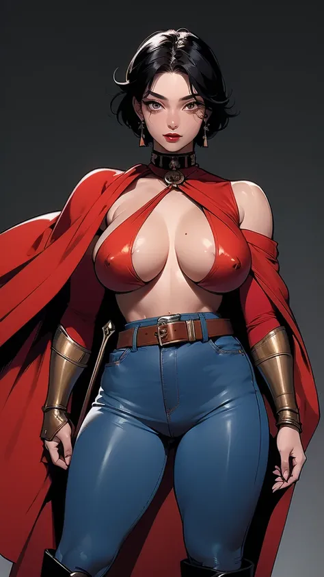 (masterpiece), best quality, expressive eyes, perfect face(masterpiece), best quality, expressive eyes, perfect face, Female warrior, short black hair, scar on left eye, bronze skin, red lips, amber eyes, muscular, wide hips, large breasts, holding a sword...