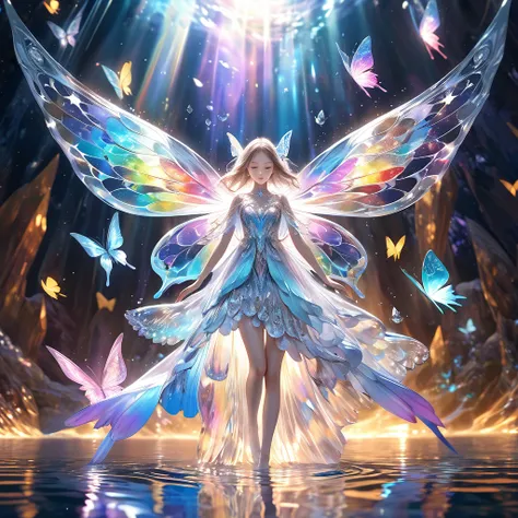 plunge into the sea,(butterfly flapping its wings),light powder,crystal butterfly,butterflies,beautiful wings,transparent body,sparkling crystal,colorful,surreal background,ether light,flickering reflection,intricate detail,enigmatic atmosphere,dream-like,...