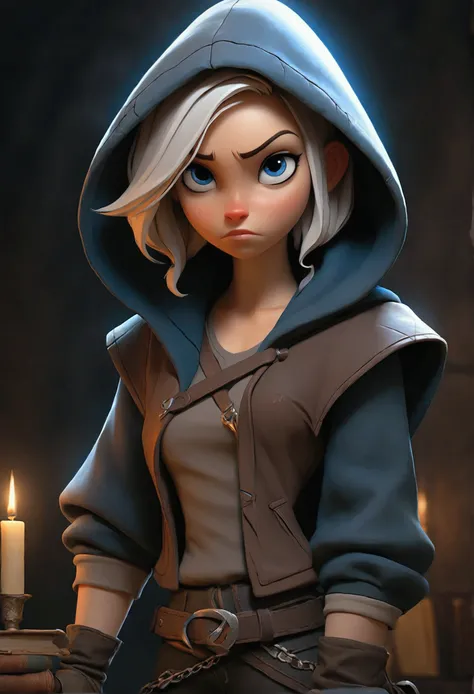 A young adult woman looking back, dark faded blue hood on her head, shes in a dark shirt and vest, with leather pants and ankle boots, sliver dagger in one hand, the other hand slightly glowing and holding the hood, in a 2D drawing like a book art in a dar...