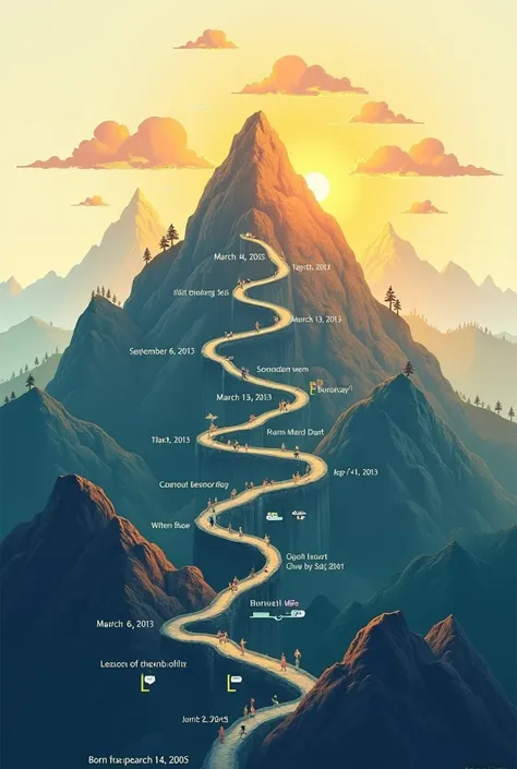 be creative making graphic lifeline 1. Start with the Base of the Mountain: At the base, write "Born on March 14, 2005." Use a simple icon like a baby or a cradle. 2. Create the Ascent: As you move up the mountain, place milestones along the path: March 6,...