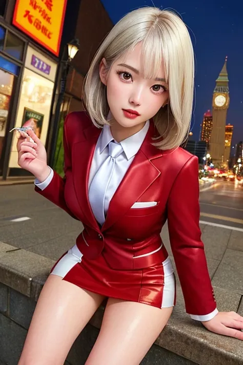 highest quality,ultra hd,8k,(beautiful 25 year old asian hit woman), (silver hair 1.8), (white skin), (serious face), red skirt ...