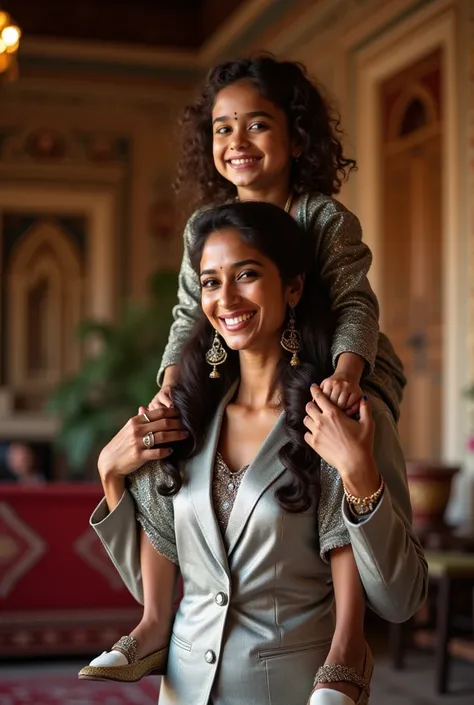 Create a photograph of a smiling and beautiful indian woman in silver satin suit carrying a large man on her shoulders , in a exotic room, man is sitting on womans shoulders, woman standing at bottom, she is strong, man is happily sitting on womans shoulde...