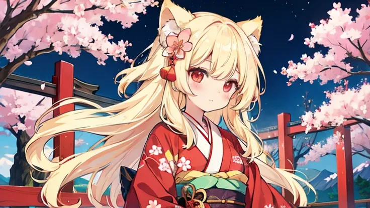 Kemomimi、Blonde、Red Eyes、kimono、kimono、１people、Cherry Blossoms at Night、Moon on the top right