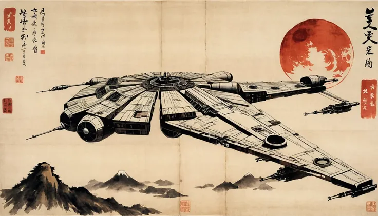 masterpiece,X-wing、Death Star、Millennium falcon、Japanese paintings drawn with ink and water,(Beautiful gradation created by layering),(Tarashikomi technique),(dynamic)、Ink Painting、Ukiyo-e、Chinese character、Faded、Movie Posters