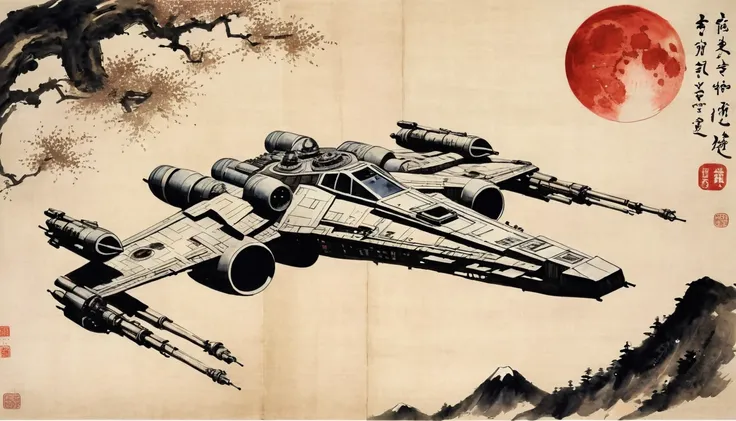 masterpiece,X-wing、Death Star、Millennium falcon、Japanese paintings drawn with ink and water,(Beautiful gradation created by layering),(Tarashikomi technique),(dynamic)、Ink Painting、Ukiyo-e、Chinese character、Faded、Movie Posters