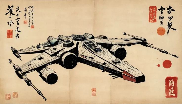 masterpiece,x-wing、death star、millennium falcon、japanese paintings drawn with ink and water,(beautiful gradation created by laye...