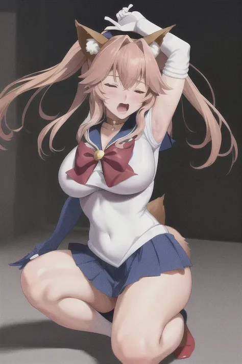 masterpiece, high definition, best quality, rendered art, well formed hands, fingers and body, 1 woman, solo, Tamamo No Mae, 31 years old, fox ears and fox tail, adult, grown up, wearing Sailor Moons outfit, big breasted, cleavage, full body, sexy sailor s...