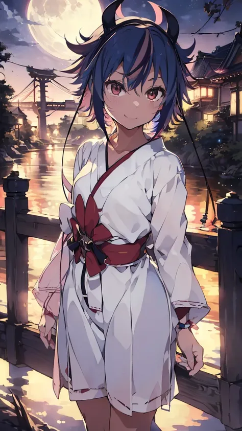 masterpiece, Highest quality, High resolution, Very detailed,(((Mikoto Naruka))), (((smile)))、(((Standing in the distance))), (((yukata))), (((On Bridge))), (((full moon))), (((Lantern))), (((river))), (((night))), (((Multicolored Hair))), (((horn))), (((P...