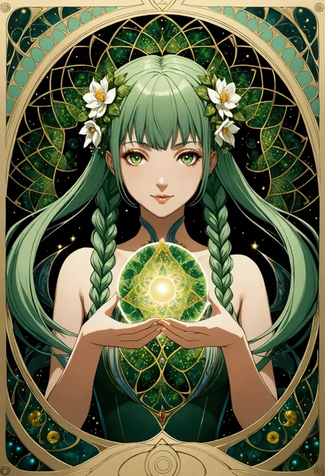 (masterpiece, top quality, best quality, official art, beautiful and aesthetic:1.2), (1girl:1.3), (fractal art:1.3), card, tarot, green hair, twin braids, hair flower, (good lighting:1.1), ((highres)), Tarot card style