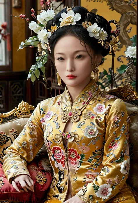 A large golden sofa with a fully naked Chinese Qing Dynasty empress sitting on it, her large breasts exposed and her hair tied to both sides.、Hairpins and flower decorations for Chinese empresses、Hair tied in the back, a perverted and erotic female backgro...