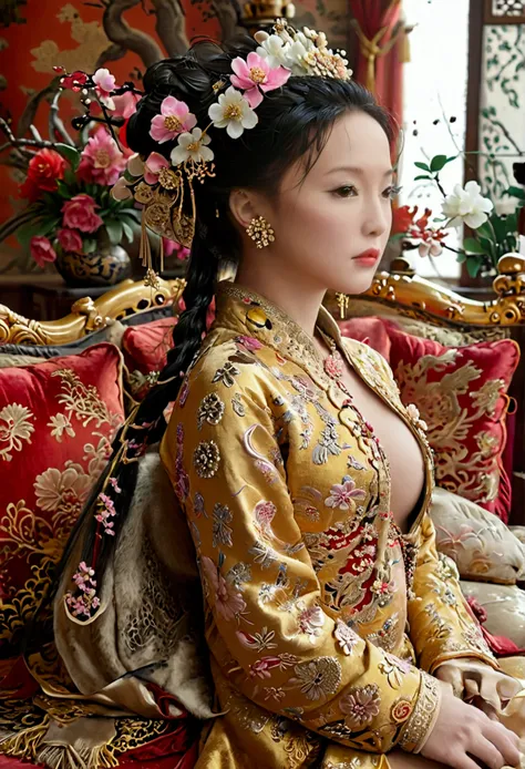 a large golden sofa with a fully naked chinese qing dynasty empress sitting on it, her large breasts exposed and her hair tied t...