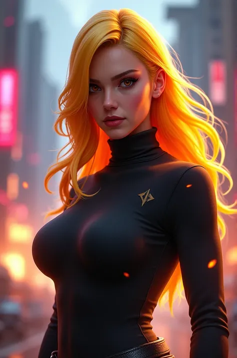 3x4 photo of a female Free Fire character using the golden Draconic Greed hair and a black turtleneck.