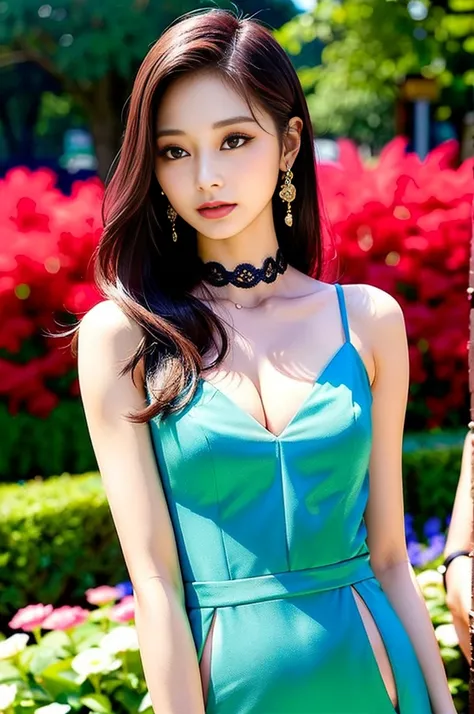 Tzuyu 1, woman, (Realistic), (Hyperrealism), (photoRealistic), Written boundary depth, eye make up:0.7 (whole body:1.8), (Large Bust),(Tight waist), Observe the audience,At the flower garden, Fashion Model, A sexy sheer dress with open shoulders and neckli...