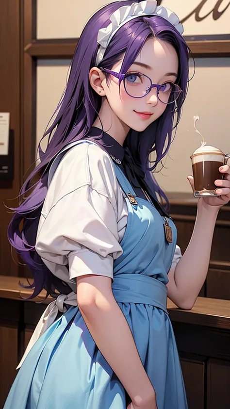 One Girl(High resolution, masterpiece, accurate, Anatomically correct), ((Wearing glasses、A happy look、holding a tray with coffee.))、(Purple hair with the ends dyed,、Light blue eyes)、(Dressed as a maid)((Inside a coffee shop))Highest quality, Ultra high de...