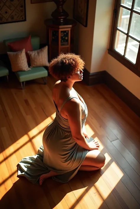 View from High Angle, A curvy woman kneeling on the floore, short Sparky hair