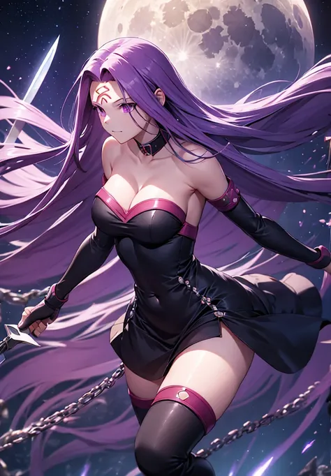 score_9, score_8_up, score_7_up, source_anime, medusarider, medusa rider, long hair, very long hair, purple hair, facial mark, forehead mark, thighhighs, dress, cleavage, bare shoulders, detached sleeves, black dress, collar, strapless, strapless dress, bl...