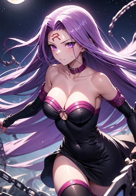 score_9, score_8_up, score_7_up, source_anime, medusarider, medusa rider, long hair, very long hair, purple hair, facial mark, forehead mark, thighhighs, dress, cleavage, bare shoulders, detached sleeves, black dress, collar, strapless, strapless dress, bl...