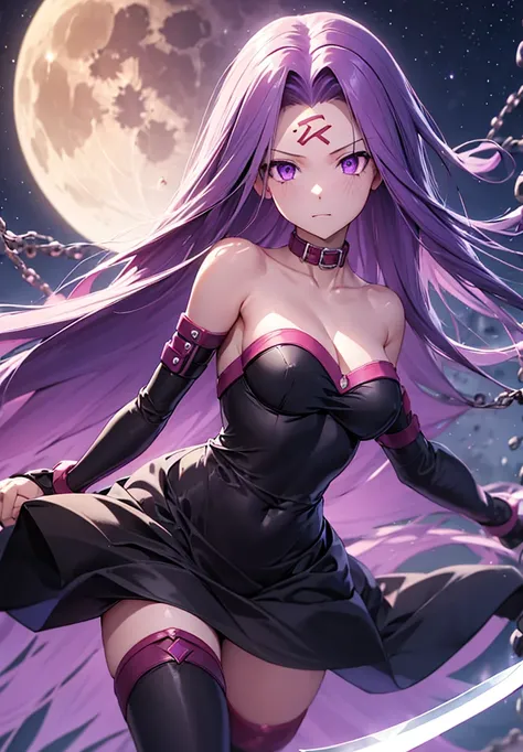 score_9, score_8_up, score_7_up, source_anime, medusarider, medusa rider, long hair, very long hair, purple hair, facial mark, forehead mark, thighhighs, dress, cleavage, bare shoulders, detached sleeves, black dress, collar, strapless, strapless dress, bl...