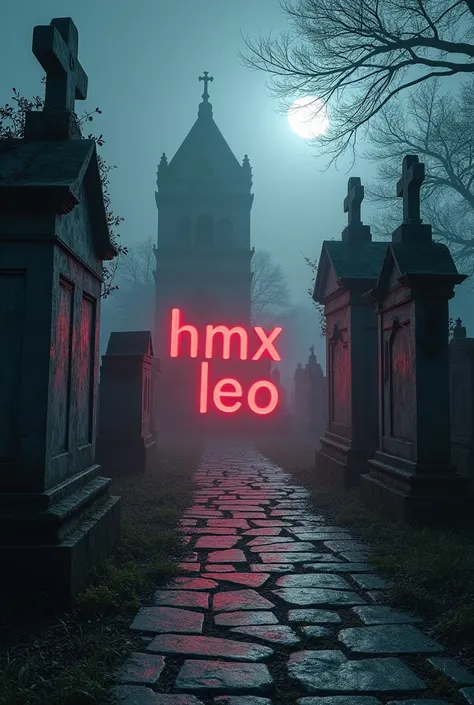 Create a banner of this word (hmx leo) with red color on a stone graveyard 