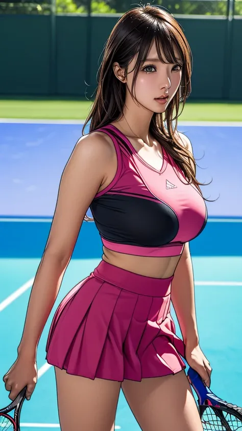 ((perfect anatomy, anatomically correct, super detailed skin)), 1 girl, solo, japanese, , tennis player, shiny skin, watching the view, （Very delicate and beautiful：1.2）super model,,Big Breasts,Beautiful breasts,voluptuous,【bike shorts】,,【3girls】,,highest ...