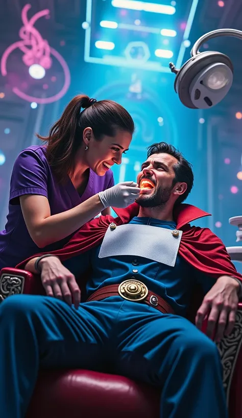 Give me a photo in which a lady nurse is treating Doctor stranges teeth and he is screaming in 