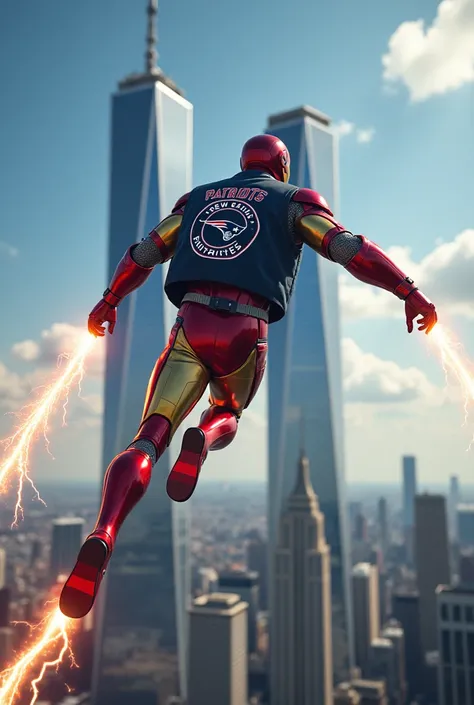 (photorealism:1.2), Iron Man in a New England Patriots jacket flying and shooting lightning bolts at the twin towers