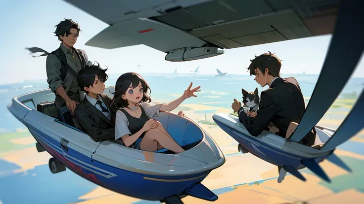 A young man and his wife flying down with their two young daughters and 2 cats