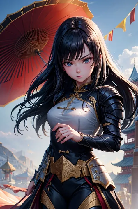 Armored１People Women, sad, Dignity, Hanfu, Wearing light armor, Tight waist, Long Hair, Black Hair, black eye, Five fingers, An old Chinese castle in the background, Thinking posture, cinematic lighting, cowboy shot, anime, UHD, retina, masterpiece, accura...