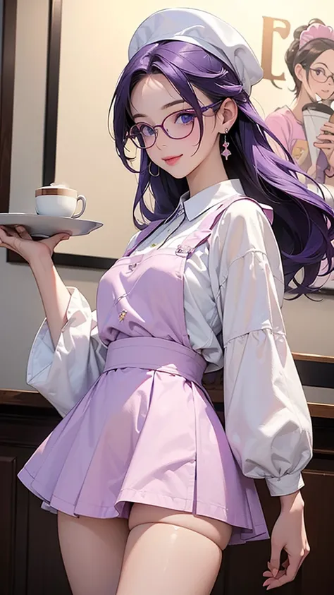 One Girl(High resolution, masterpiece, accurate, Anatomically correct), ((Wearing glasses、A happy look、holding a tray with coffee.))、(Purple hair with the ends dyed,、Light blue eyes)、(White maid outfit、Pink mini skirt)((Inside a coffee shop))Highest qualit...