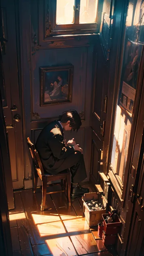 What more do I have to lose for my heart to be forgiven?、How much pain would it take to see you again?, Man sitting on the floor looking out the window, Surrealism, chiaroscuro, cinematic lighting, UHD, high details, best quality, highres, 8k