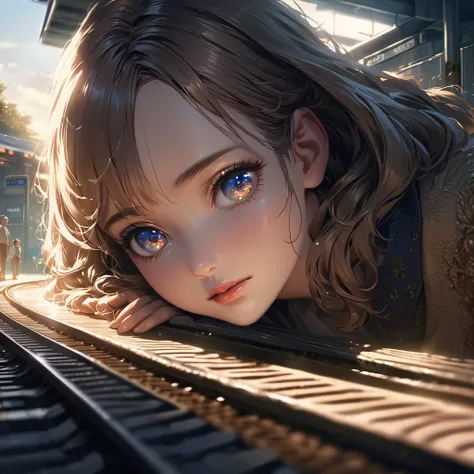 a school girl in north uji high school uniform waiting for train at keihan railway rokujizo station platform, evening, detailed realistic illustration, cinematic lighting, vibrant colors, intricate details, masterpiece,  8k, hyper detailed, dramatic lighti...