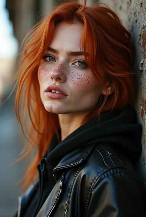 a photo of a seductive woman with loose styled (redhead hair:1.1), bored, she is wearing a hoodie and black leather jacket, mascara, (textured skin, skin pores:1.1), (moles:0.8), imperfect skin, goosebumps, flawless face, (light freckles:0.9), (sun-kissed:...