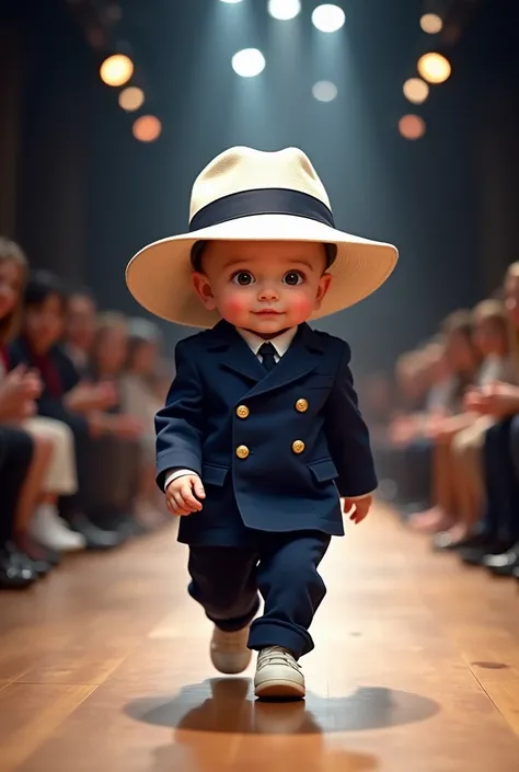 Cute baby with very big head wearing navy uniform and hat in fashion show realistic style full body