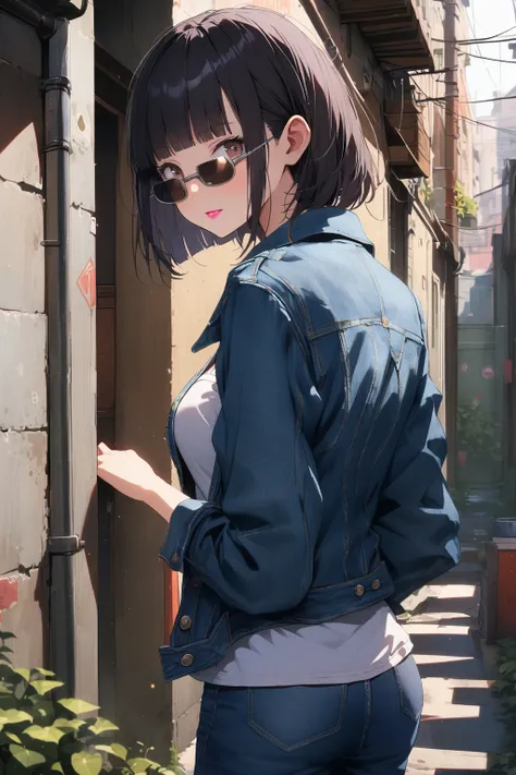 (extremely detailed fine touch:1.3), (((silver semi-rimless sunglasses:1.3))), (wear headphones around neck:0.9), girl, solo, bowl cut hair, blunt bangs, black hair, brown eyes, pink lipstick, medium breasts, denim jacket, denim pants, back alley