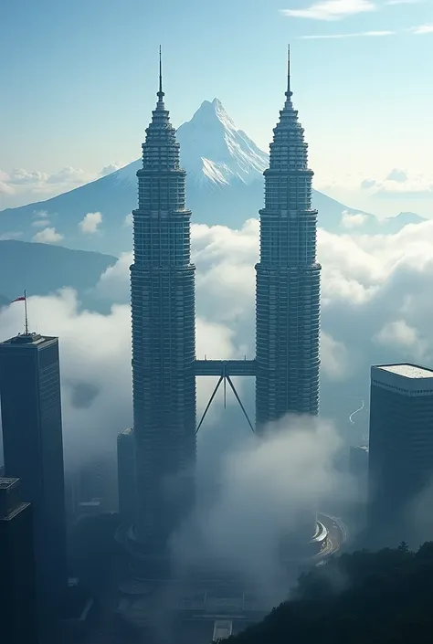 A majestic snow-capped mountain peak, the iconic Petronas Twin Towers soaring high amidst the dramatic landscape, ethereal clouds swirling around the towers, breathtaking aerial view, hyperrealistic, cinematic lighting, dramatic shadows, vivid colors, stun...