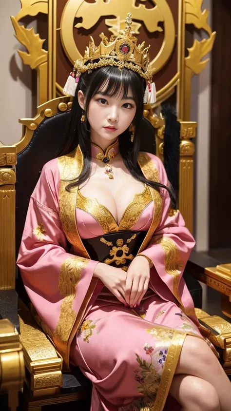 She is the Japanese queen、She has black hair、Her chest was so large that her cheongsam was about to burst、The cheongsam she was wearing was a glossy pink color.、There is a lot of gold around her、She wears a very large crown、She has a lot of decorations on ...