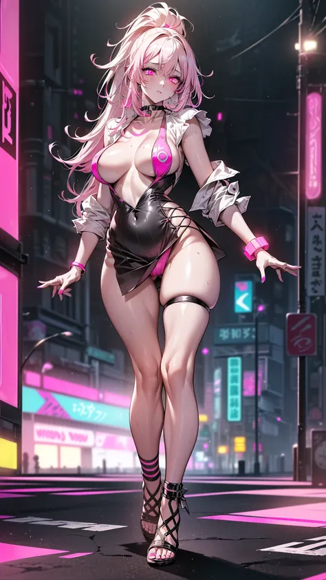 NSFW,Big perfect breasts ((Space Punk Girl)),(((1 girl))),((beautiful Girl)), ((Saggy breasts)), ((Gray Hair, Dirty black hair, Inner hair color)), Long Hair , Amazingly long and voluminous hair, ((intricately cut hair)), (((Neon pink eyes: 1.4))), beautif...