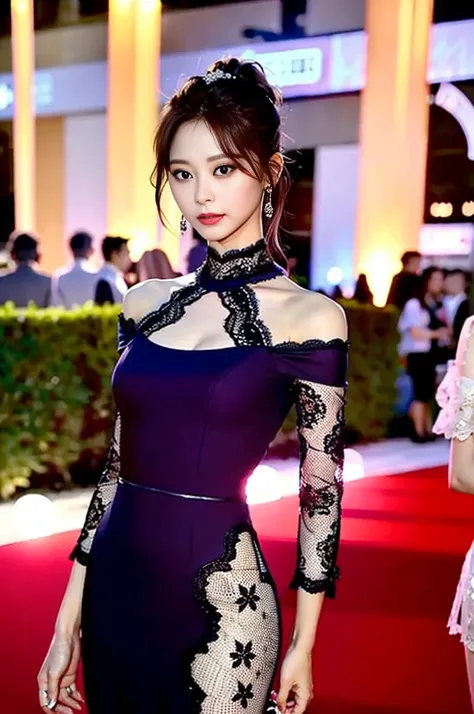 Tzuyu 1, woman, (Realistic), (Hyperrealism), (photoRealistic), Written boundary depth, eye make up:0.7 (whole body:1.8), (Large Bust),(Tight waist), Observe the audience,At the flower garden, Fashion Model, A sexy sheer dress made of all lace with an open ...