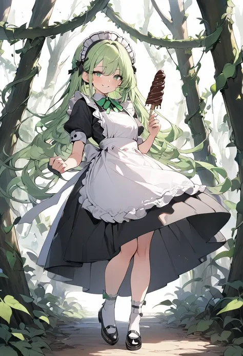 Masterpiece, high resolution, yellow-eyed girl, long green hair, bright green eyes, maid, smiling face, ((Holding a chocolate ice cream)), vine forest background, many leaves, full body