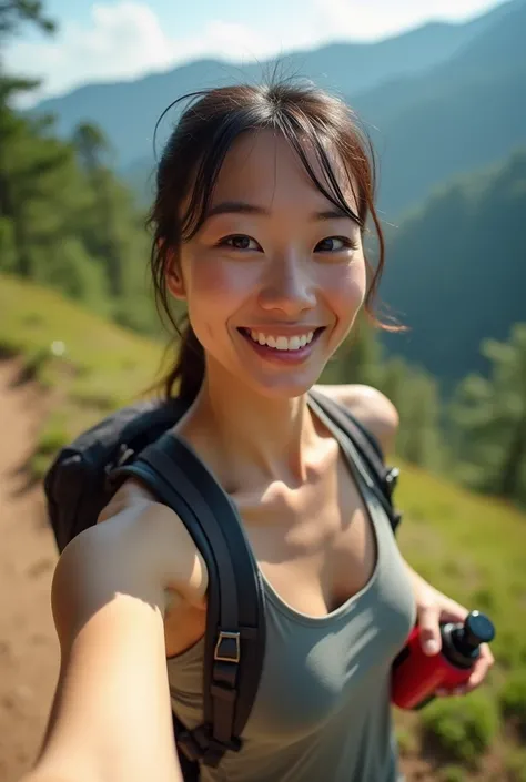 Beautiful Japanese Women, Minami Hamabe, Large Breasts,Tank top,Healthy sex appeal, A smile overflowing with motherly love, Beauty that makes everyone turn their heads, 夏のMountain, hiking, With a backpack, Short sleeve shirt, Outdoorスポーツパンツ, Trekking pants...