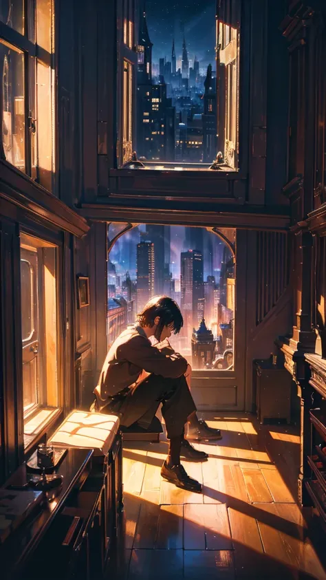 What more do I have to lose for my heart to be forgiven?、How much pain would it take to see you again?, Man sitting on the floor looking out the window, Modern buildings, Surrealism, chiaroscuro, cinematic lighting, UHD, high details, best quality, highres...