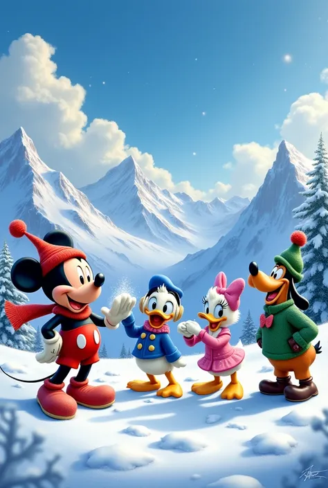 Mickey, minnie, donald, Daisy and Goofy are celebrating on a snowy mountain.
