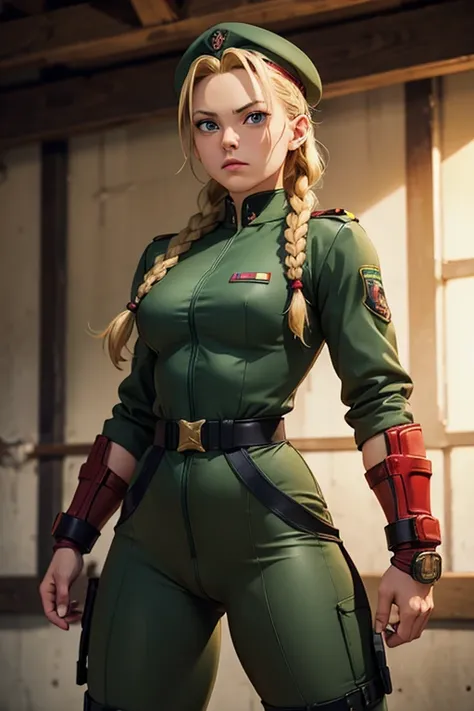 Cammy de Street fighter, sexy mini leotardo color verde tipo militar, botas negras tipo militar, Green beret, nationality England, United Kingdom, Height 164 cm, Weight 46 kg, blue eyes/greens, blond hair, hair styled in a braid, Bust measurements 86 cm, w...