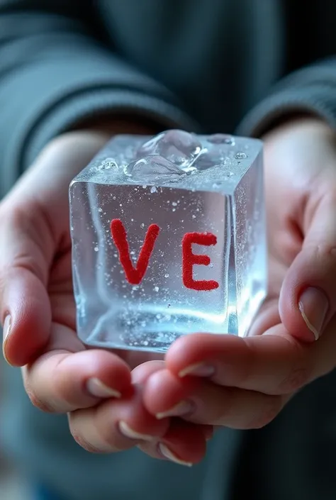 Closeup imag of hand holding a melting ice cube, the ice cube is made up of letters which says "Love"