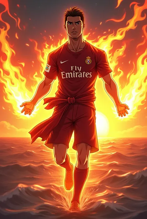 Do the One Piece Ace with fire in his arms and the appearance of Cristiano Ronaldo, anime styling