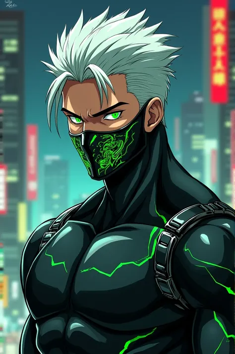 White hair spiked up, greeneyes, Black mask covering the mouth and nose with green details, Technological clothes with green details, he has muscles full body picture. anime dash