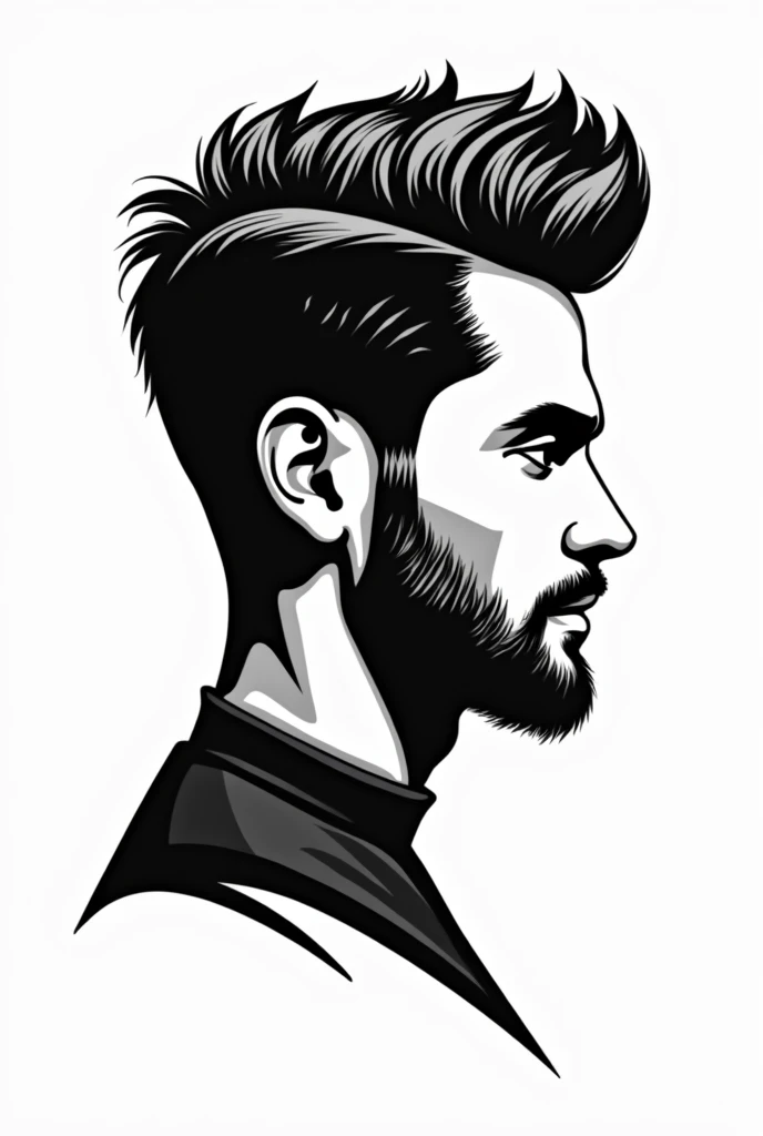 Elegant black and white logo design for a young man, to be used as a barbershop logo. Only from the neck up, also representing virility.